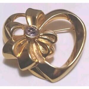 Avon Brooch Vintage Heart With Bow Rhinestone Center Goldtone Textured Signed